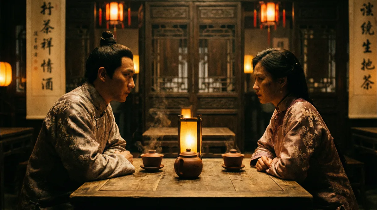 四虎古装剧情片拍摄剧照-茶馆对话场景