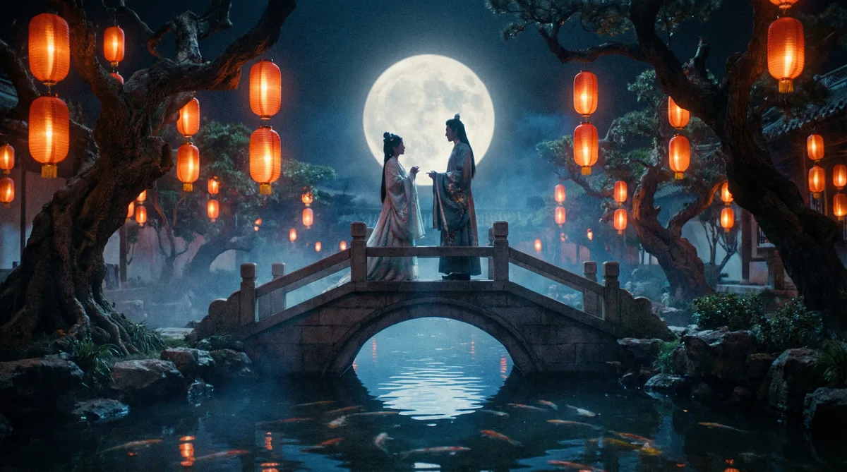 四虎古典爱情片拍摄剧照-月下花园场景